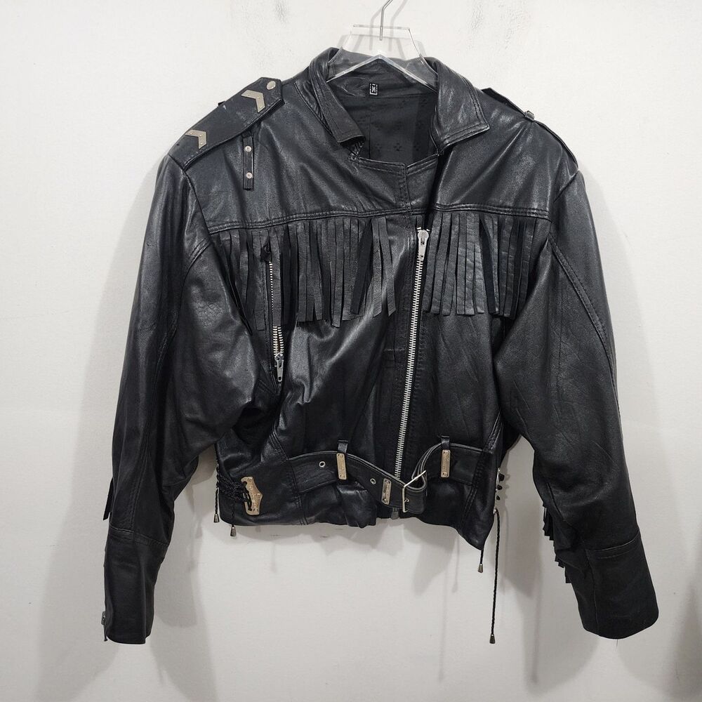 Dr. Martens College 89 Vintage 1980s Leather Biker Motorcycle Jacket Fringe Sz M